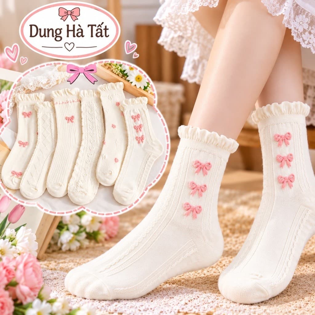 Tất Nữ Cổ Cao Chất Cotton Mềm Mại Hoạ Tiết Nơ Nâu TV set 5 Đôi -10 Đôi