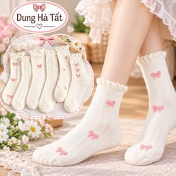 Tất Nữ Cổ Cao Chất Cotton Mềm Mại Hoạ Tiết Nơ Nâu TV set 5 Đôi -10 Đôi 9