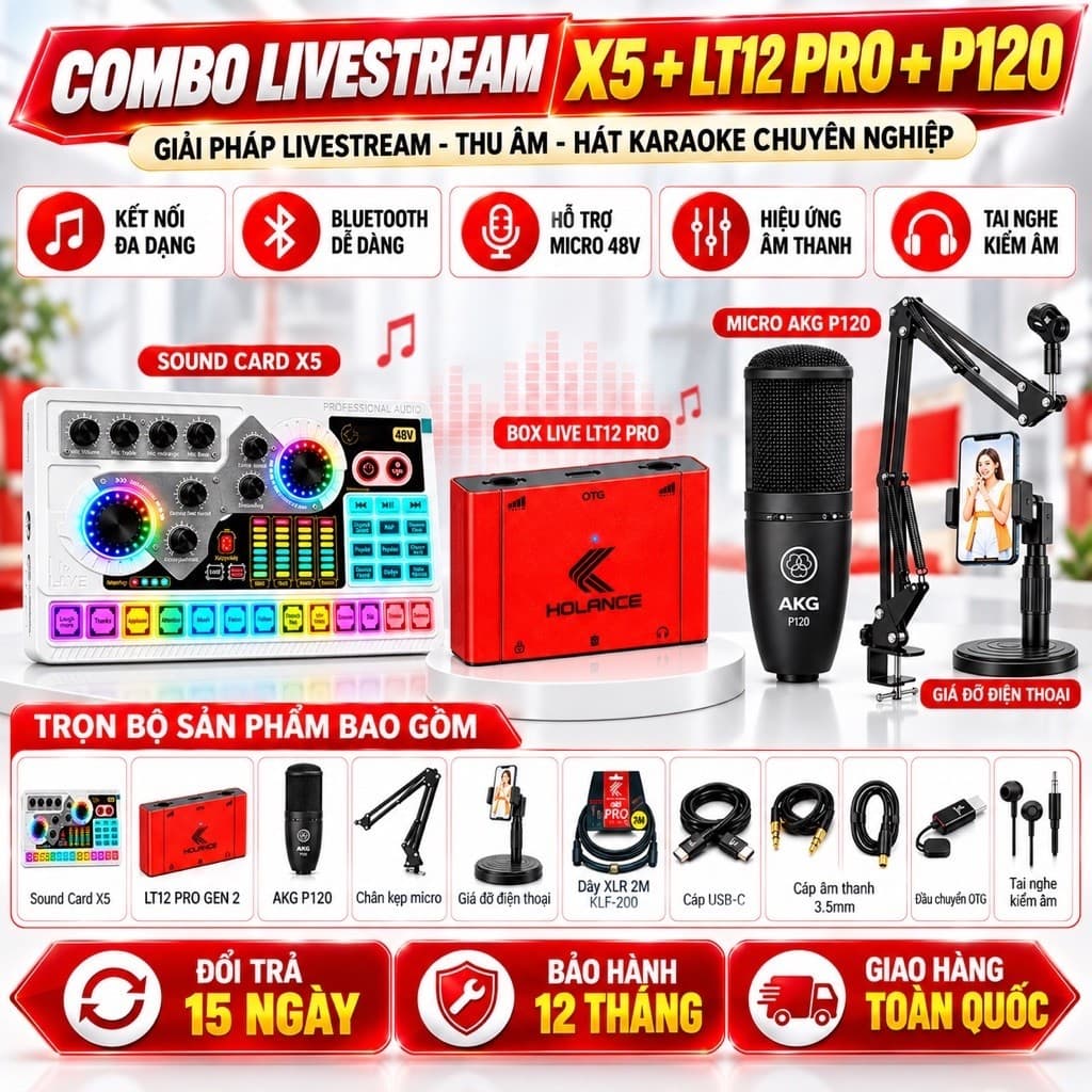 Combo Livestream X5 + LT12 Pro Gen 2 + P120 | Sound Card 48V, Micro Condenser, Box Live, Bộ Thu Karaoke Livestream