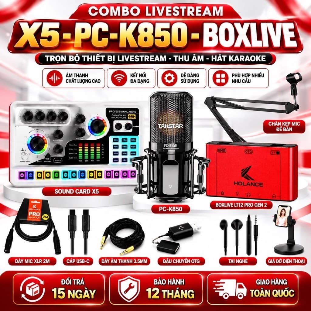 Combo Livestream X5 PC-K850 BoxLive LT12 Pro Gen 2 Kèm Mic Thu Âm, Sound Card, Dây XLR 2M, Chân Kẹp Mic,l