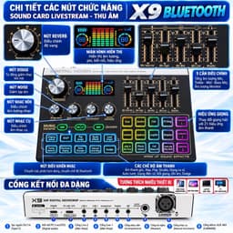 Sound Card X9 Bluetooth Livestream Thu Âm Karaoke – Hỗ Trợ Mic 48V, 21 Hiệu Ứng Âm Thanh, Auto Tune, Pin 1500mAh 6
