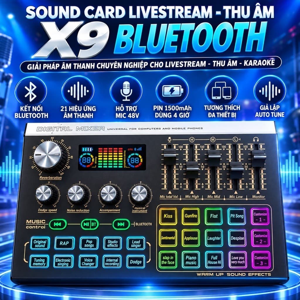 Sound Card X9 Bluetooth Livestream Thu Âm Karaoke – Hỗ Trợ Mic 48V, 21 Hiệu Ứng Âm Thanh, Auto Tune, Pin 1500mAh