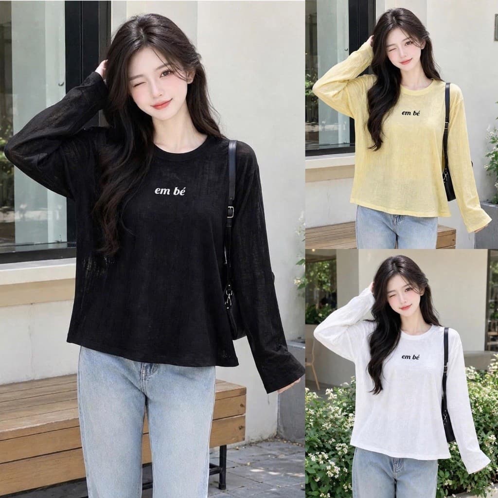 Áo thun nữ dài tay thu đông chất thun giấy xước mịn in chữ em bé đáng yêu BYN BYN TG EMBE33