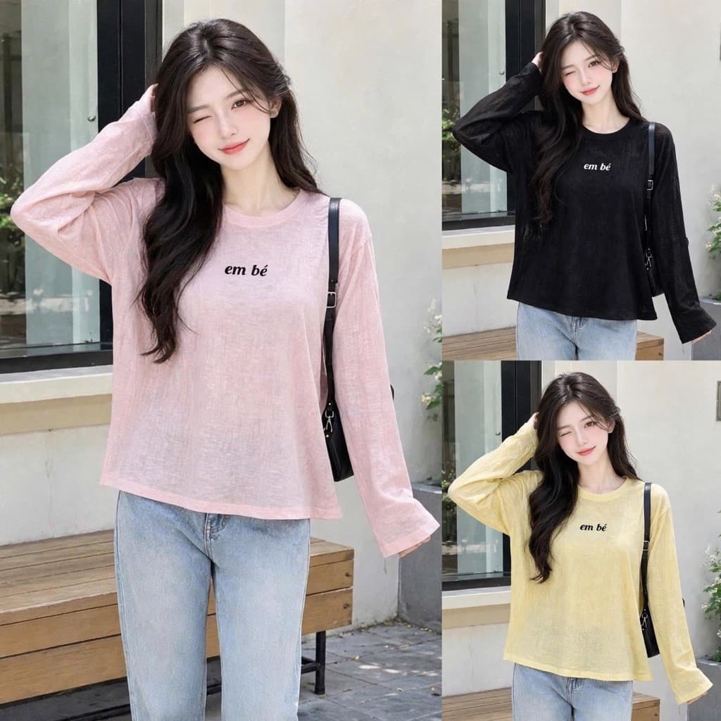 Áo thun giấy cổ tròn dài tay thu đông mềm mịn in chữ em bé xinh xinh BYN BYN TG EMBE33