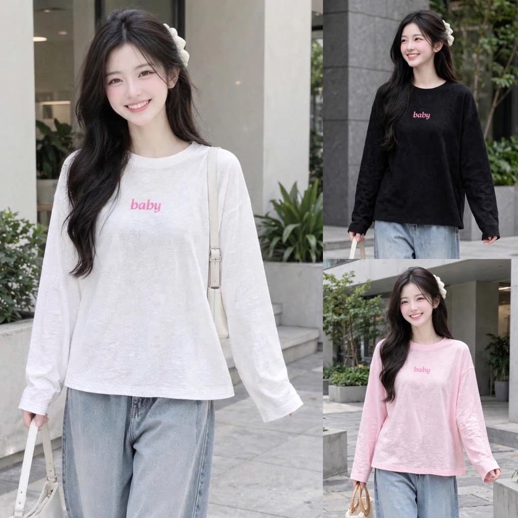 Áo thun nữ dài tay chất thun giấy xước mỏng mịn mát xu hướng năm nay in chữ baby hồng đáng yêu BYN BYN TG BABY22