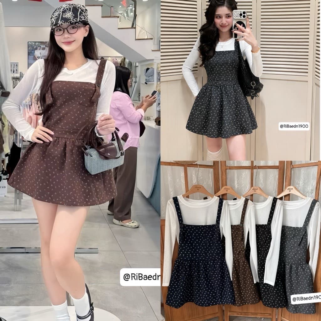 Set yếm dạ hoạ tiết hoa nhí mix áo thun giấy dài tay phong cách vintage nàng thơ