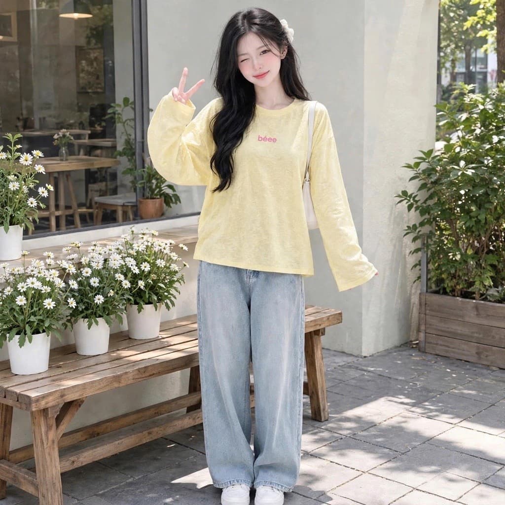 Áo thun giấy cổ tròn dài tay thu đông in chữ bé hồng đáng yêu chất thun giấy xước mỏng mềm Xinh đẹp BYN BYN TG BEE67
