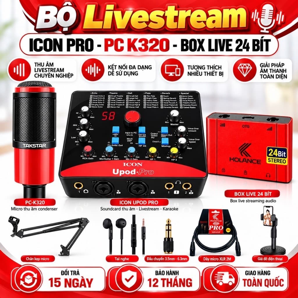 Bộ Livestream ICON Upod Pro + Micro PC-K320 + Box Live LT12 Pro Gen 2 24Bit, Combo Thu Âm Karaoke Livestream