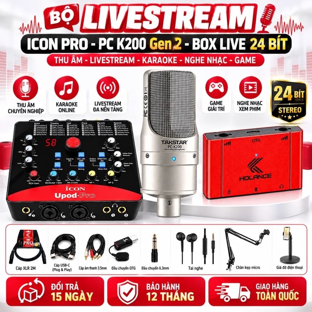 Bộ Livestream ICON Pro PC-K200 Gen 2 Kèm Box Live 24 Bit, Soundcard Thu Âm Karaoke Livestream