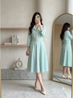 [2hand] Đầm dạ thun chấm bi xanh kèm đai lỗi 1 khoen ở đai freesize đến XL 1