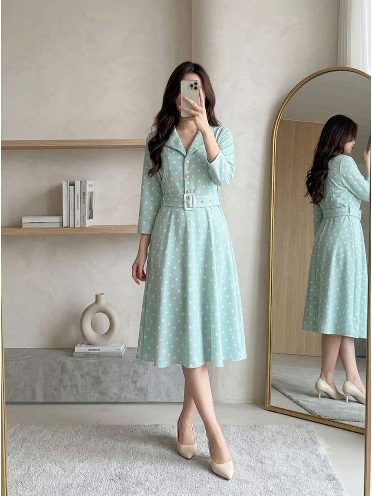 [2hand] Đầm dạ thun chấm bi xanh kèm đai lỗi 1 khoen ở đai freesize đến XL