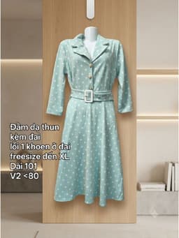[2hand] Đầm dạ thun chấm bi xanh kèm đai lỗi 1 khoen ở đai freesize đến XL 2