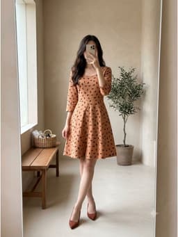 [2hand] Đầm tuytsi dáng xoè babydoll nâu cam hoa văn mèo tay lỡ cổ rộng khoá sau size S M 1