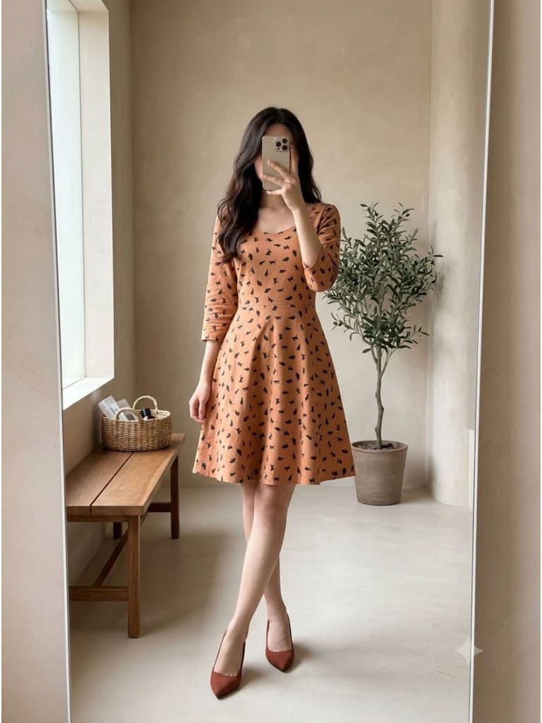 [2hand] Đầm tuytsi dáng xoè babydoll nâu cam hoa văn mèo tay lỡ cổ rộng khoá sau size S M
