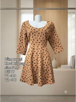[2hand] Đầm tuytsi dáng xoè babydoll nâu cam hoa văn mèo tay lỡ cổ rộng khoá sau size S M 2