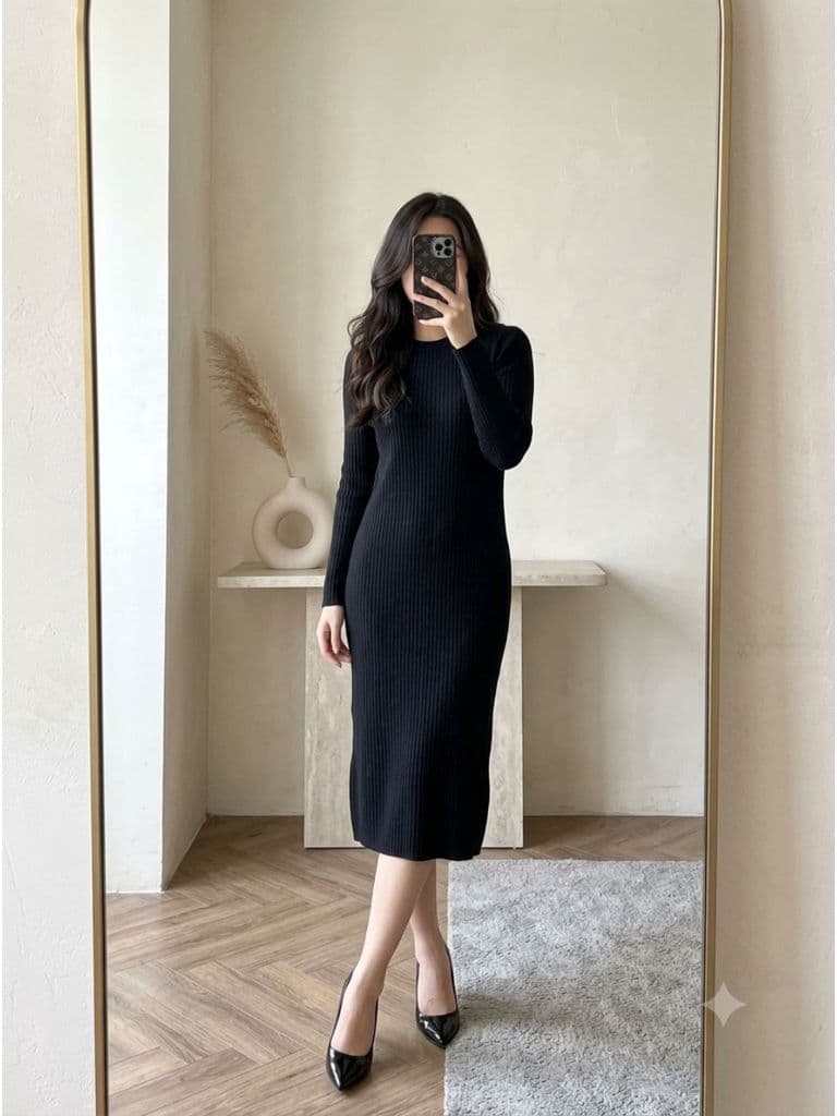 [2hand] Đầm len gân suông đen freesize đến XL