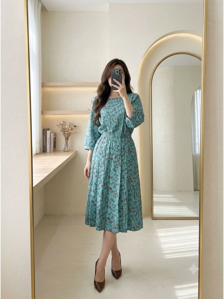 [2hand] Đầm xô dài xanh hoa văn loang chun eo cúc lệch freesize đến L