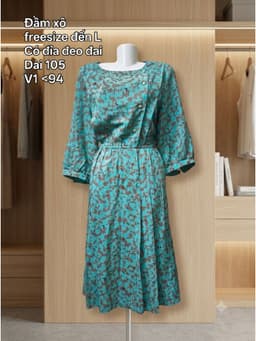 [2hand] Đầm xô dài xanh hoa văn loang chun eo cúc lệch freesize đến L 2