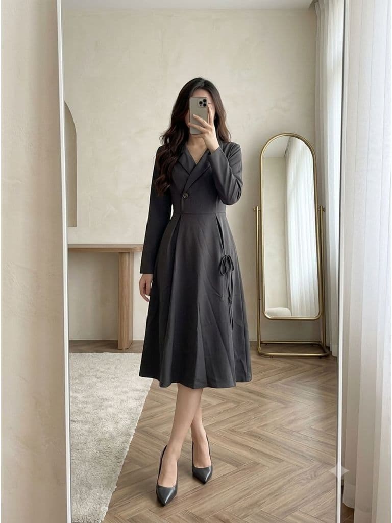 [2hand] Đầm tafta dáng vest đen buộc nơ vạt lệch cúc lệch khoá sườn size S M nhỏ
