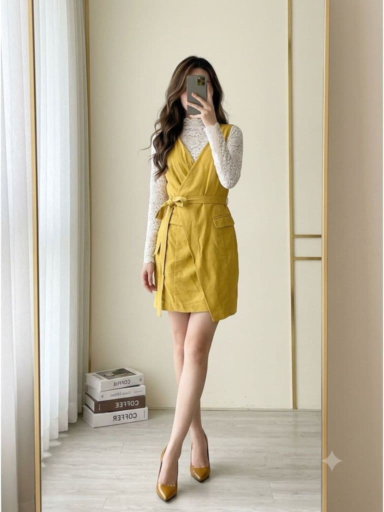 [2hand] Đầm sát nách vạt chéo dạ có lớp lót vàng dây buộc eo size S M