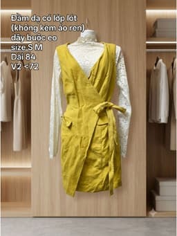 [2hand] Đầm sát nách vạt chéo dạ có lớp lót vàng dây buộc eo size S M 2