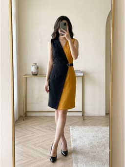 [2hand] Đầm thun tây sát nách phối vàng đen vạt chéo khoá kéo sau size M 1