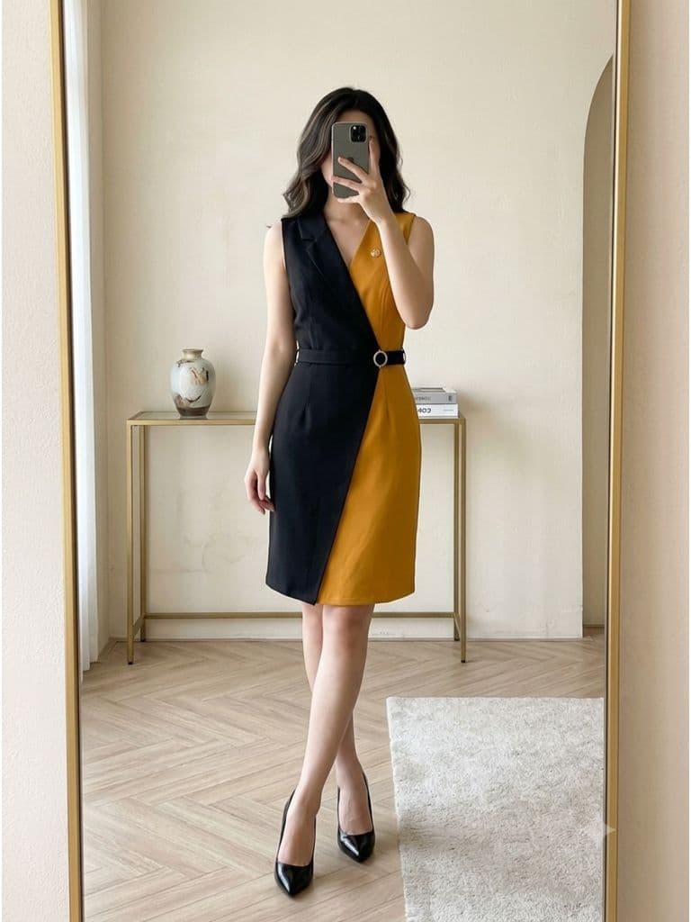 [2hand] Đầm thun tây sát nách phối vàng đen vạt chéo khoá kéo sau size M