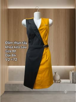 [2hand] Đầm thun tây sát nách phối vàng đen vạt chéo khoá kéo sau size M 2
