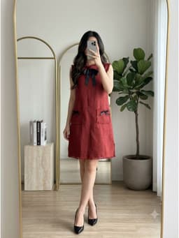 [2hand] Đầm dạ sát nách đỏ đô 1 lớp dáng A nơ size S M 1