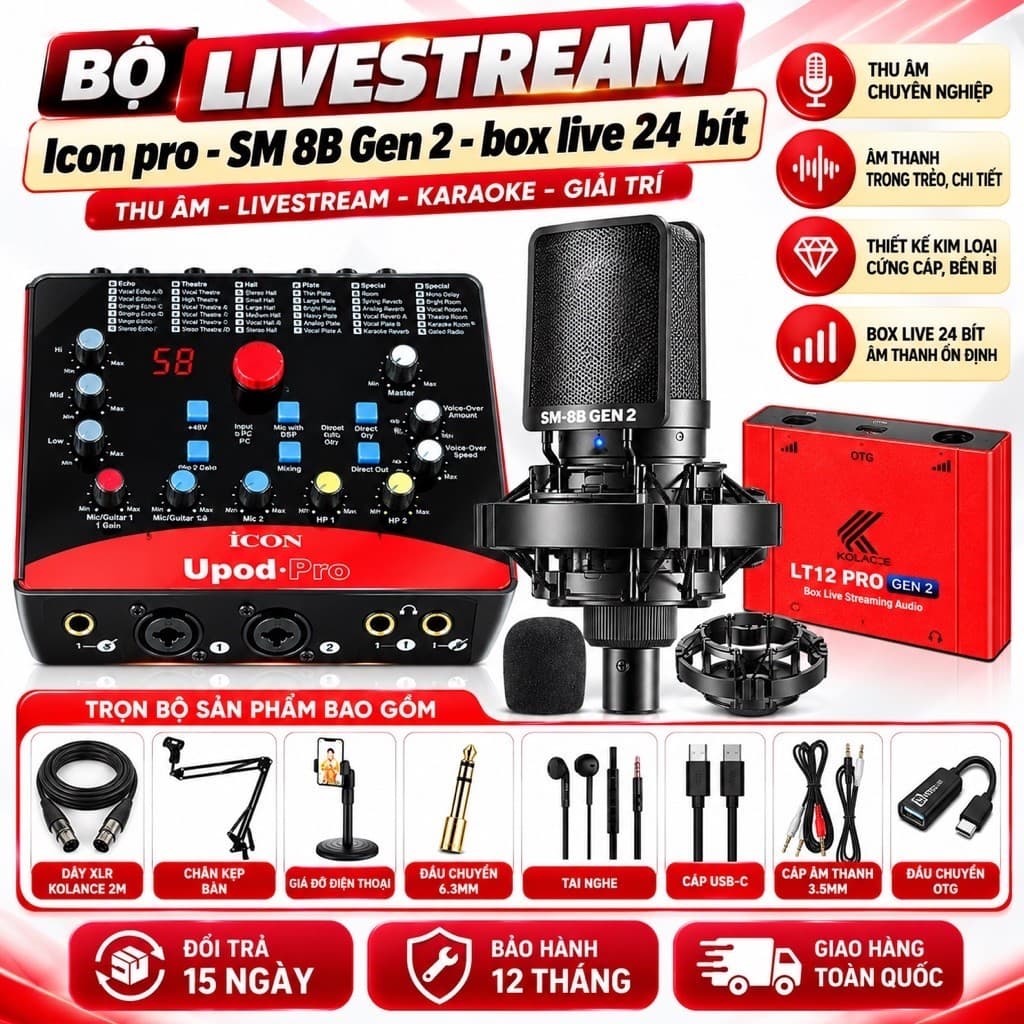 Bộ Livestream Icon Upod Pro + Micro SM-8B Gen 2 + Box Live LT12 Pro Gen 2 24 Bit, Combo Thu Âm Karaoke Livestream