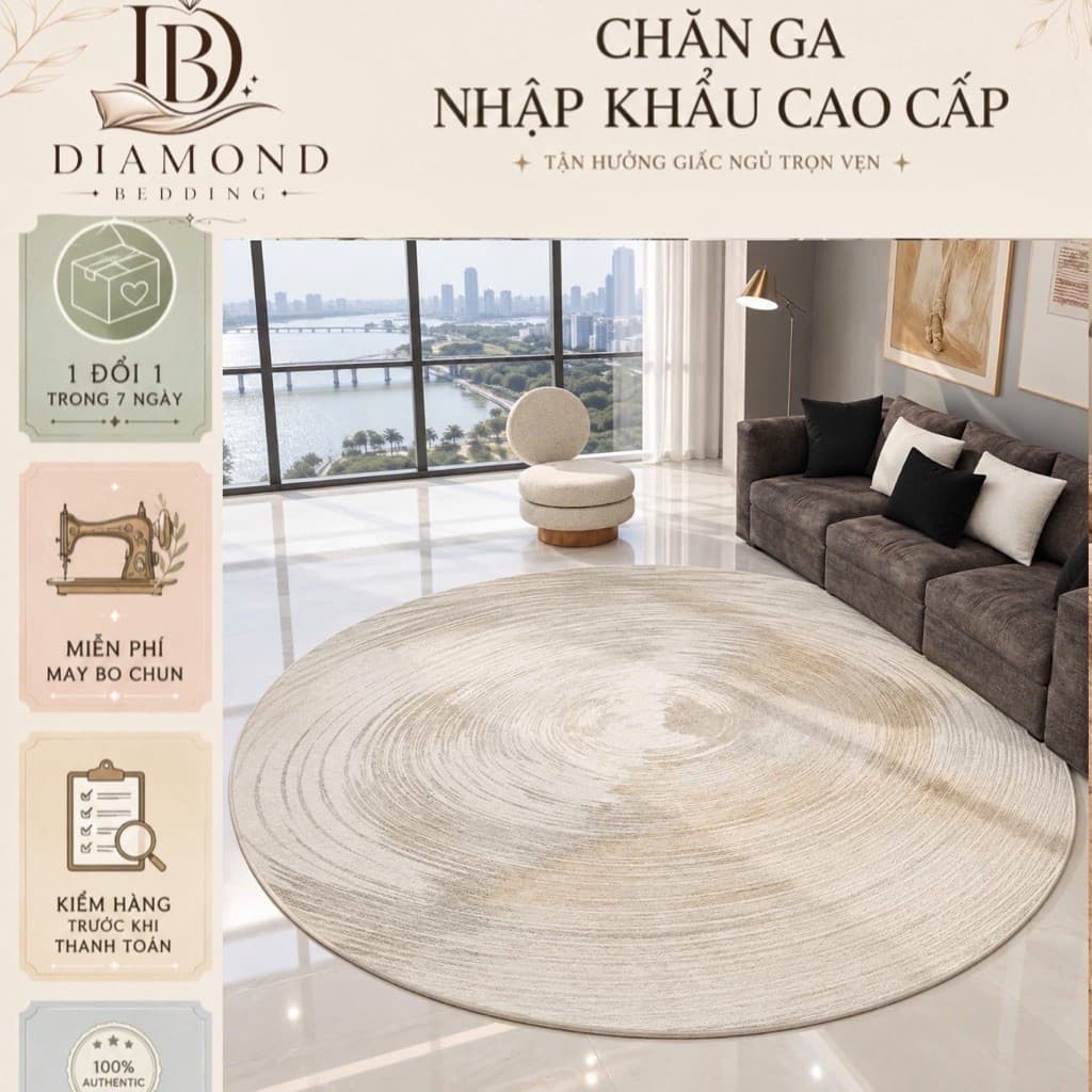 Thảm tròn lì bali trải sàn decor phòng ngủ, phòng khách sang trọng tinh tế,mặt in lì,không có lông