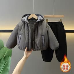 Bộ Áo Khoác Phao Cho Bé Lót Lông Dày Dặn Phối Mũ Caro Kèm Quần Bo Lai Ấm Áp Phong Cách Hàn Quốc Cho Bé Trai Bé Gái 5