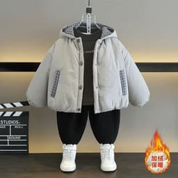 Bộ Áo Khoác Phao Cho Bé Lót Lông Dày Dặn Phối Mũ Caro Kèm Quần Bo Lai Ấm Áp Phong Cách Hàn Quốc Cho Bé Trai Bé Gái 2