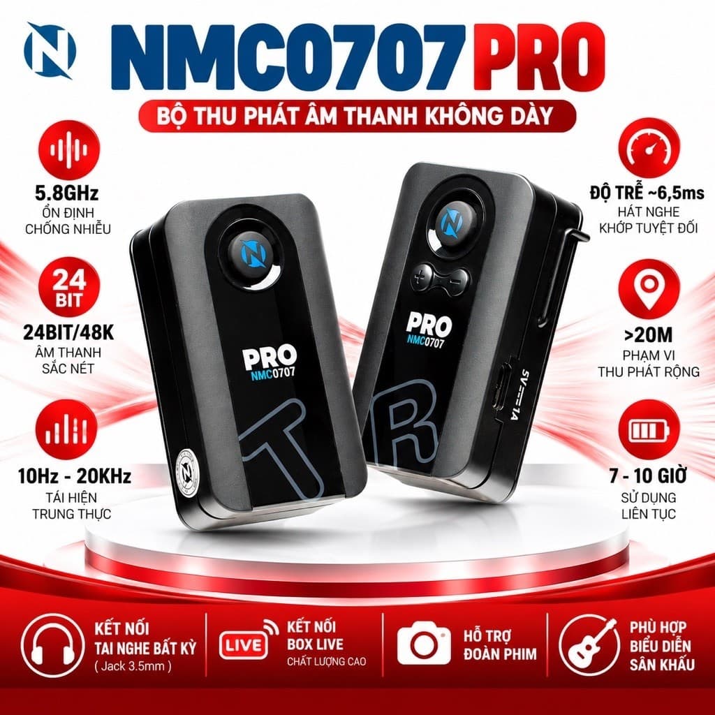 Bộ Thu Phát Âm Thanh Không Dây NMC-AUDIO NMC0707 PRO 5.8GHz, 24Bit/48K, Độ Trễ Thấp, Jack 3.5mm, Pin 7-10 Giờ