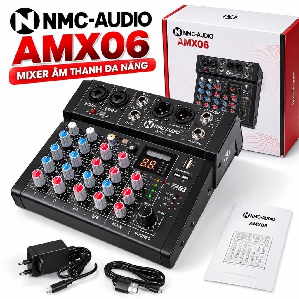 Mixer NMC-AUDIO AMX06 6 Kênh, DSP 99 Chế Độ 24Bit 48kHz, Bluetooth 5.1, Phantom 48V, USB MP3, Sound Card Thu Âm