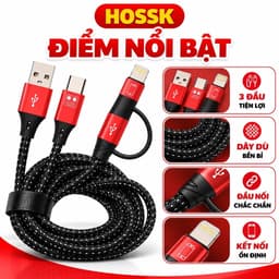 Cáp HOSSK Đa Năng 3 Đầu USB Type-C Lightning – Dây Bọc Dù, Cáp Kết Nối Cho Box Livestream Sound Card 3