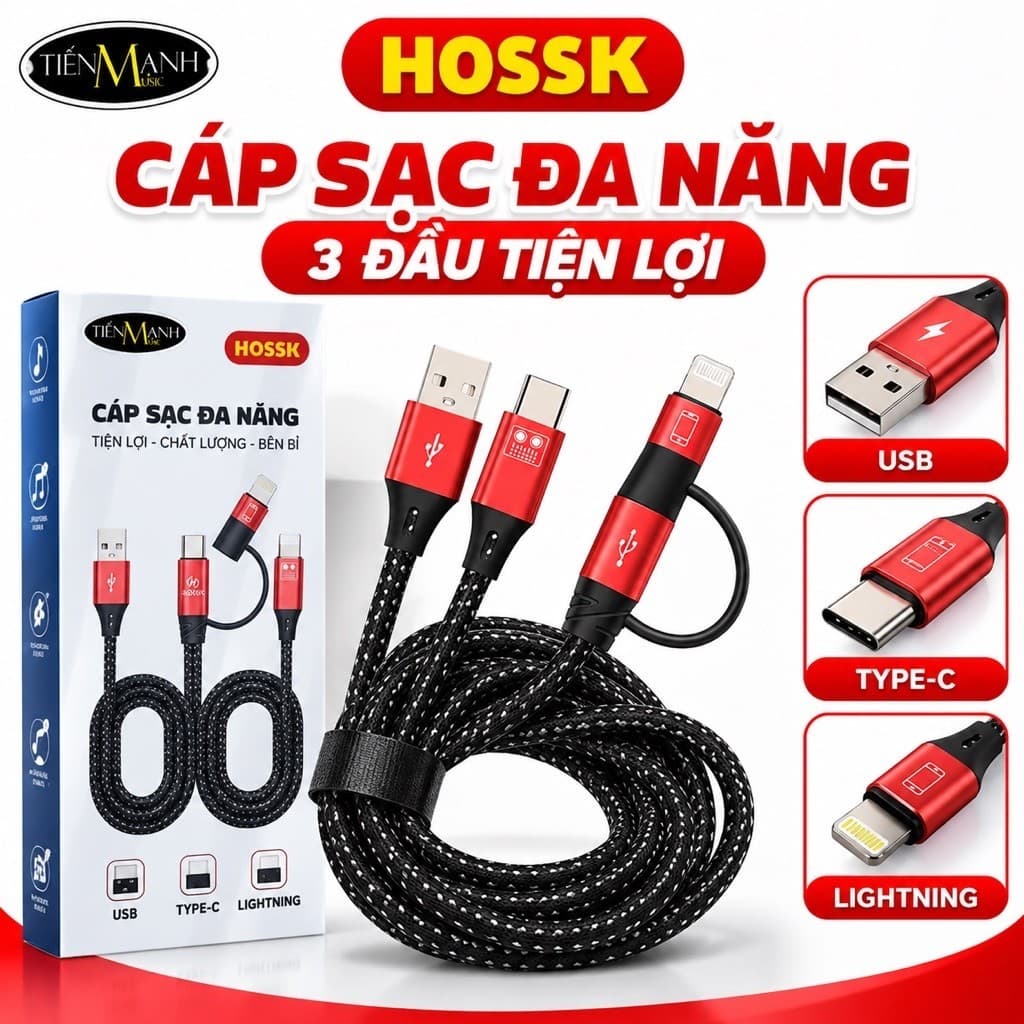 Cáp HOSSK Đa Năng 3 Đầu USB Type-C Lightning – Dây Bọc Dù, Cáp Kết Nối Cho Box Livestream Sound Card