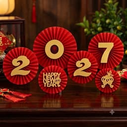 Bộ trang trí 6 quạt giấy 2027 Happy New Year màu đỏ vàng cho Tết 2