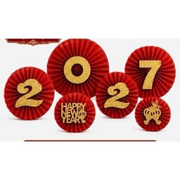 Bộ trang trí 6 quạt giấy 2027 Happy New Year màu đỏ vàng cho Tết 1