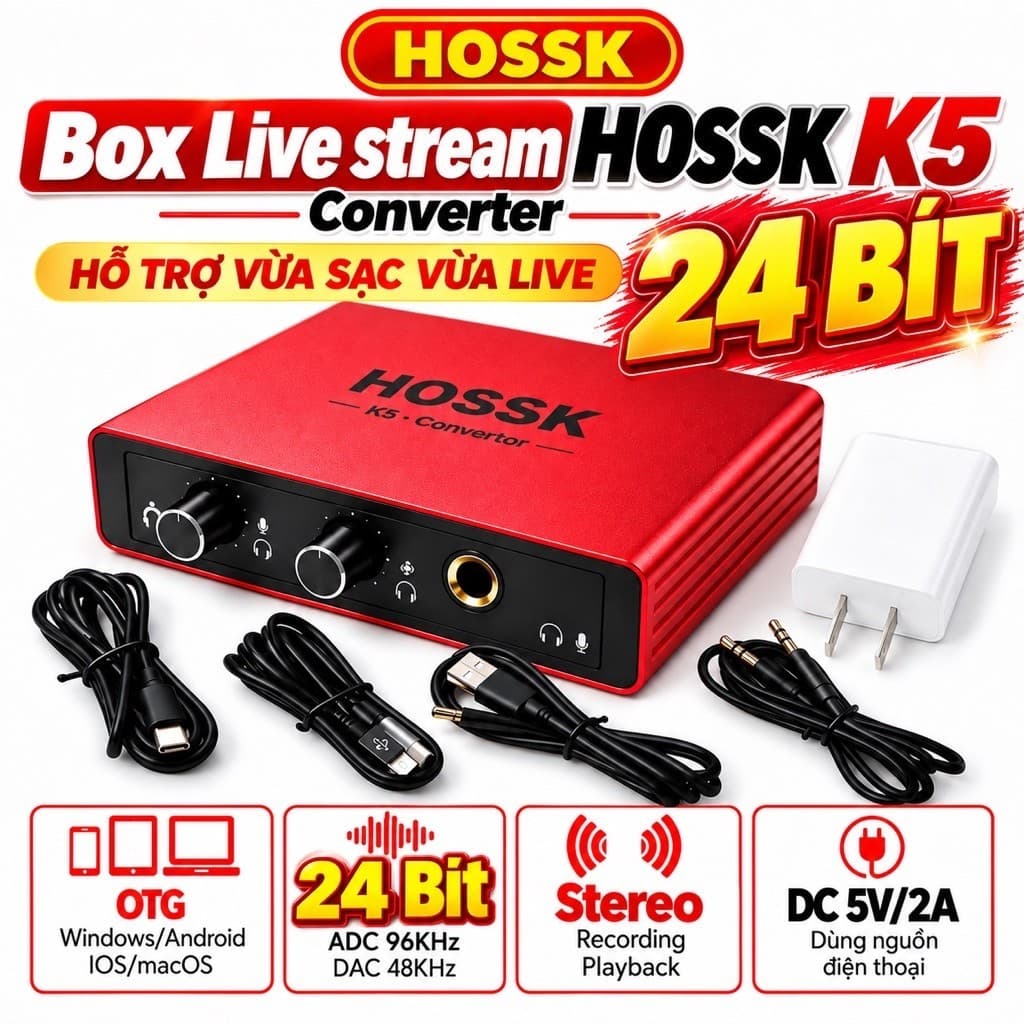Box Livestream HOSSK K5 Converter 24Bit Stereo – Hỗ Trợ Vừa Sạc Vừa Live, OTG Windows Android iOS macOS