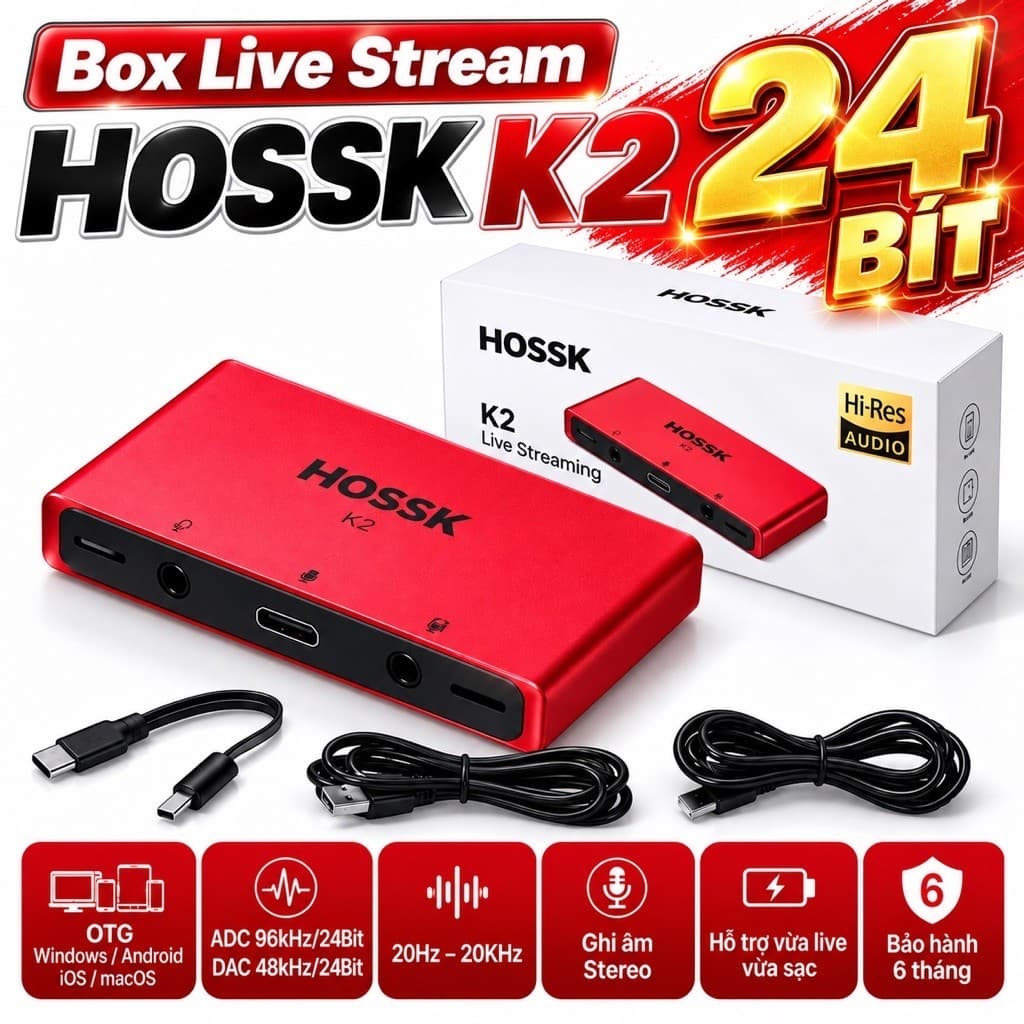 Box Livestream HOSSK K2 Stereo 24Bit – Hỗ Trợ OTG Windows Android iOS macOS, Vừa Live Vừa Sạc