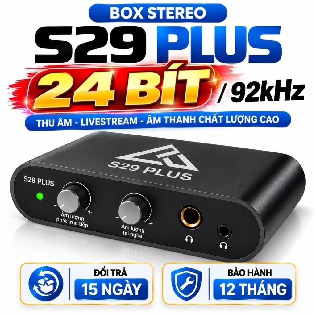 Box Stereo S29 Plus 24Bit/92kHz – Bộ Chuyển Đổi Âm Thanh Livestream, Thu Âm, 2 Cổng Tai Nghe, Line In/Out