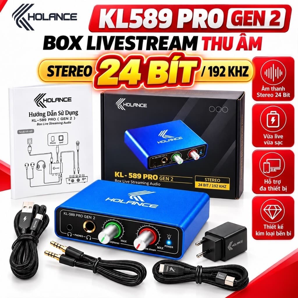 Box Livestream KOLANCE KL589 Pro Gen 2 Stereo 24Bit/192kHz, Vừa Live Vừa Sạc, Box Thu Âm Kết Nối Điện Thoại