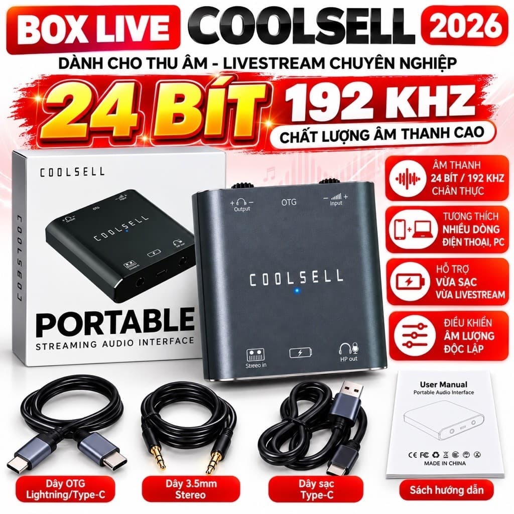 Box Live Coolsell 24Bit 192kHz Stereo Bản 2026, Cục Chuyển Âm Thanh Livestream Thu Âm, Hỗ Trợ Vừa Sạc Vừa Live