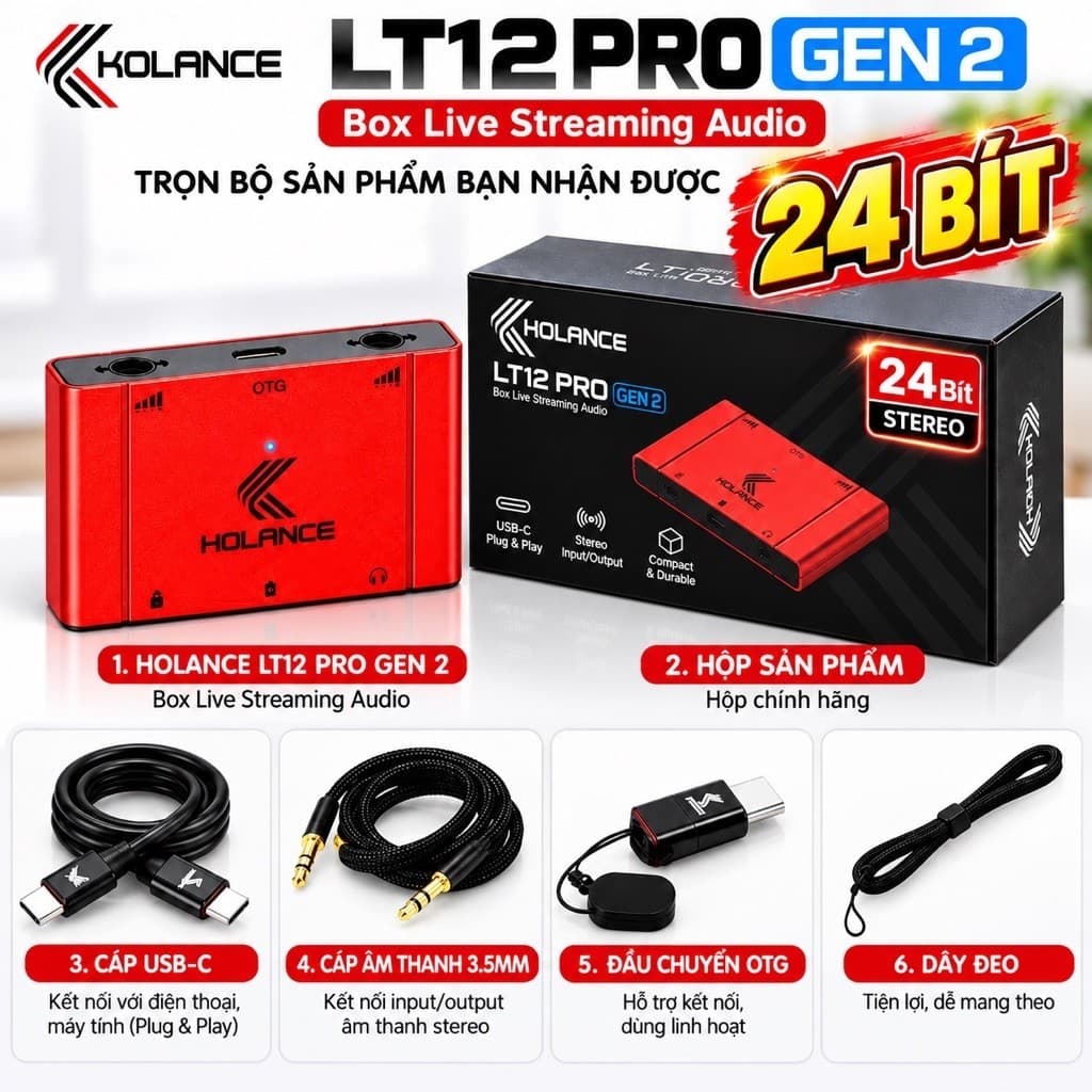 Box Livestream KOLANCE LT12 PRO GEN 2 24Bit Stereo, Sound Card Thu Âm OTG Type C Cho Điện Thoại Máy Tính