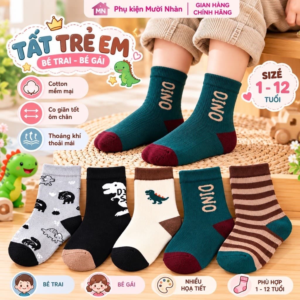 Sét 5 Đôi Tất Vớ Trẻ Em Cotton Mềm Mịn Co Giãn Tốt Cho Bé Trai Bé Gái,In Họa Tiết Hoạt Hình