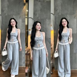 Set bộ phong cách áo yếm cổ vuông và quần dài phối ren 1