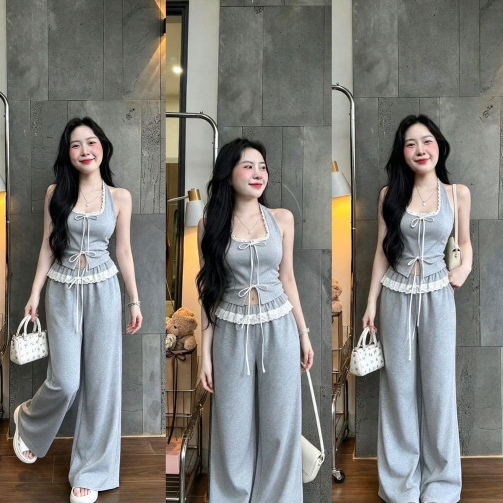 Set bộ phong cách áo yếm cổ vuông và quần dài phối ren