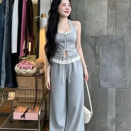 Set bộ phong cách áo yếm cổ vuông và quần dài phối ren 2