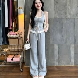 Set bộ phong cách áo yếm cổ vuông và quần dài phối ren 3